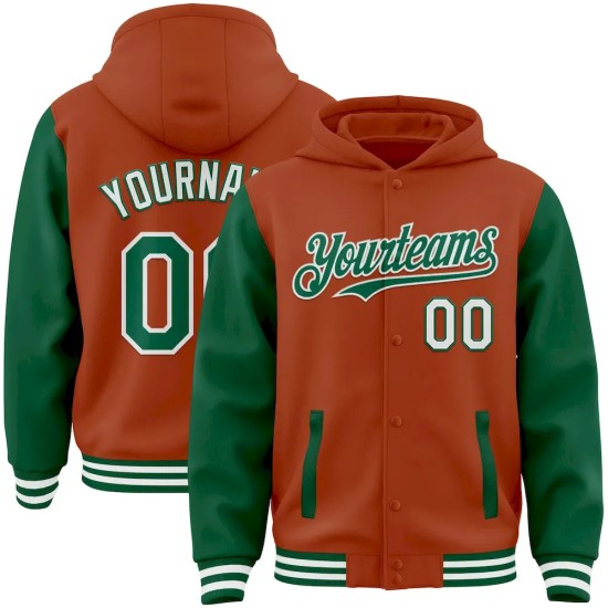 Custom Texas Orange Kelly Green-White Bomber Full-Snap Varsity Letterman Two Tone Hoodie Jacket Custom Texas Orange Kelly Green-White Bomber Full-Snap Varsity Letterman Two Tone Hoodie Jacket