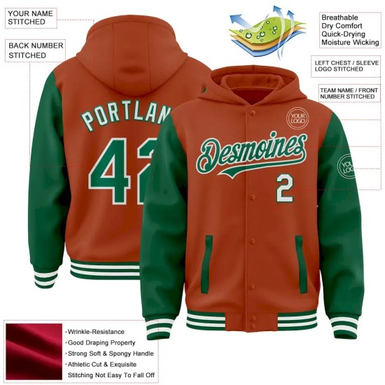 Custom Texas Orange Kelly Green-White Bomber Full-Snap Varsity Letterman Two Tone Hoodie Jacket Custom Texas Orange Kelly Green-White Bomber Full-Snap Varsity Letterman Two Tone Hoodie Jacket