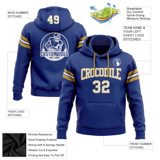 Custom Stitched Royal White-Old Gold Football Pullover Sweatshirt Hoodie Custom Stitched Royal White-Old Gold Football Pullover Sweatshirt Hoodie