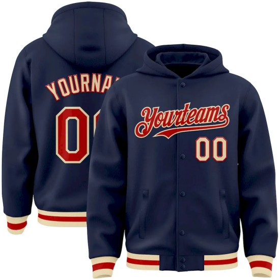 Custom Navy Red-Cream Bomber Full-Snap Varsity Letterman Hoodie Jacket Custom Navy Red-Cream Bomber Full-Snap Varsity Letterman Hoodie Jacket
