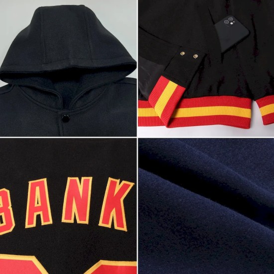 Custom Navy Red-Cream Bomber Full-Snap Varsity Letterman Hoodie Jacket Custom Navy Red-Cream Bomber Full-Snap Varsity Letterman Hoodie Jacket