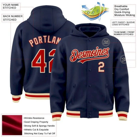 Custom Navy Red-Cream Bomber Full-Snap Varsity Letterman Hoodie Jacket Custom Navy Red-Cream Bomber Full-Snap Varsity Letterman Hoodie Jacket