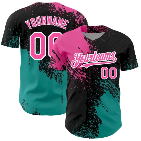 Custom Black Pink-Teal 3D Pattern Design Abstract Brush Stroke Authentic Baseball Jersey Custom Black Pink-Teal 3D Pattern Design Abstract Brush Stroke Authentic Baseball Jersey