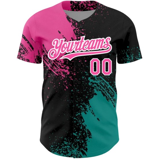 Custom Black Pink-Teal 3D Pattern Design Abstract Brush Stroke Authentic Baseball Jersey Custom Black Pink-Teal 3D Pattern Design Abstract Brush Stroke Authentic Baseball Jersey