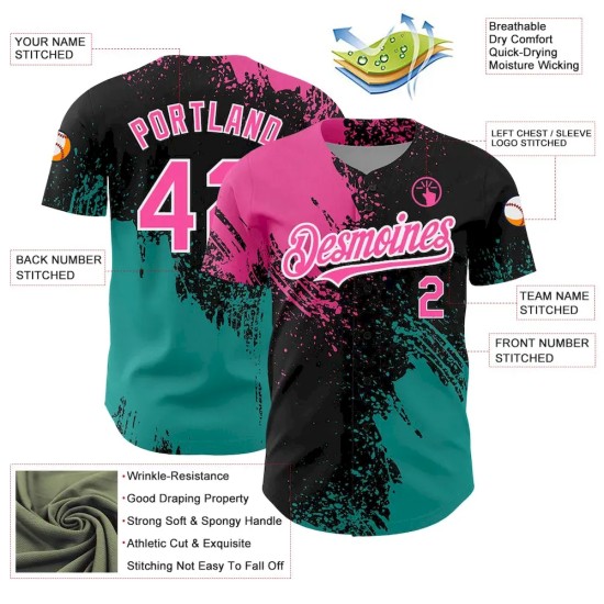 Custom Black Pink-Teal 3D Pattern Design Abstract Brush Stroke Authentic Baseball Jersey Custom Black Pink-Teal 3D Pattern Design Abstract Brush Stroke Authentic Baseball Jersey