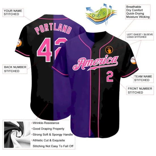 Custom Black Pink-Purple Authentic Split Fashion Baseball Jersey Custom Black Pink-Purple Authentic Split Fashion Baseball Jersey