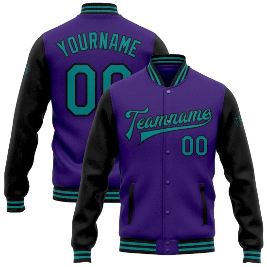 Custom Purple Teal-Black Bomber Full-Snap Varsity Letterman Two Tone Jacket Custom Purple Teal-Black Bomber Full-Snap Varsity Letterman Two Tone Jacket