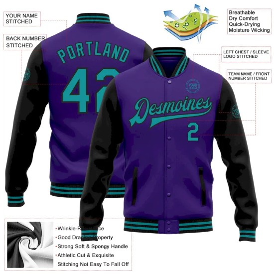 Custom Purple Teal-Black Bomber Full-Snap Varsity Letterman Two Tone Jacket Custom Purple Teal-Black Bomber Full-Snap Varsity Letterman Two Tone Jacket