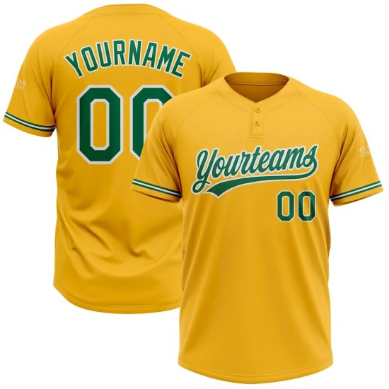 Custom Gold Kelly Green-White Two-Button Unisex Softball Jersey Custom Gold Kelly Green-White Two-Button Unisex Softball Jersey