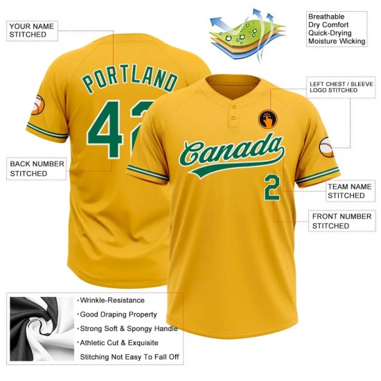 Custom Gold Kelly Green-White Two-Button Unisex Softball Jersey Custom Gold Kelly Green-White Two-Button Unisex Softball Jersey