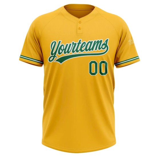 Custom Gold Kelly Green-White Two-Button Unisex Softball Jersey Custom Gold Kelly Green-White Two-Button Unisex Softball Jersey