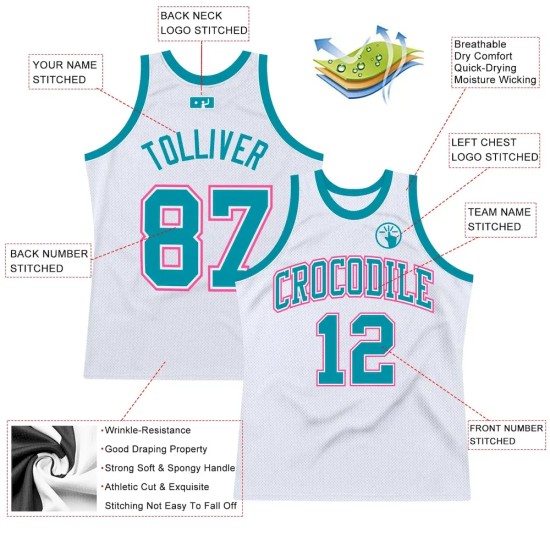 Custom White Teal-Pink Authentic Throwback Basketball Jersey Custom White Teal-Pink Authentic Throwback Basketball Jersey