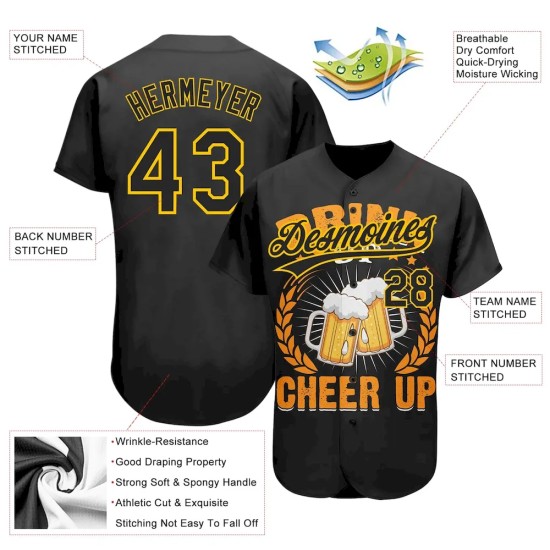 Custom Black Yellow 3D Pattern Design International Beer Day Authentic Baseball Jersey Custom Black Yellow 3D Pattern Design International Beer Day Authentic Baseball Jersey