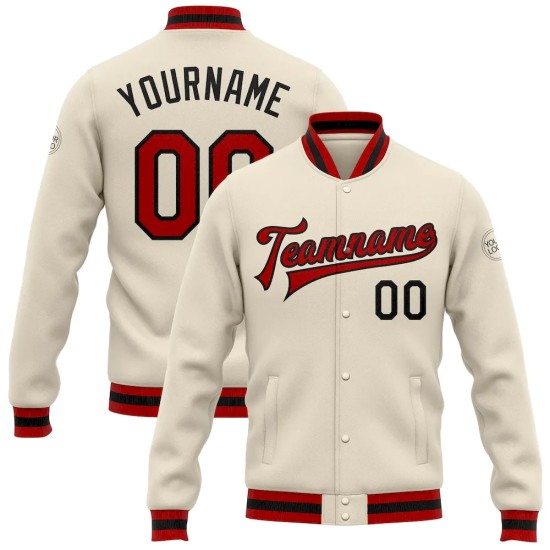 Custom Cream Red-Black Bomber Full-Snap Varsity Letterman Jacket Custom Cream Red-Black Bomber Full-Snap Varsity Letterman Jacket