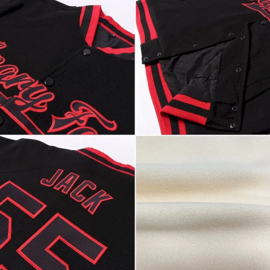 Custom Cream Red-Black Bomber Full-Snap Varsity Letterman Jacket Custom Cream Red-Black Bomber Full-Snap Varsity Letterman Jacket
