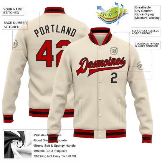 Custom Cream Red-Black Bomber Full-Snap Varsity Letterman Jacket Custom Cream Red-Black Bomber Full-Snap Varsity Letterman Jacket