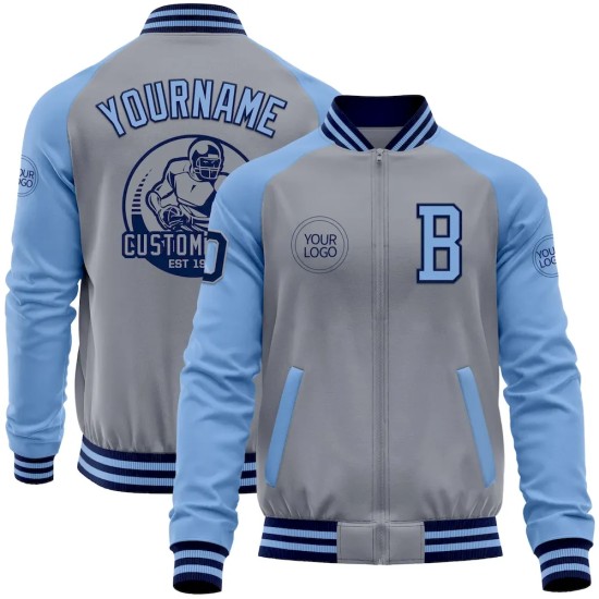 Custom Gray Navy-Light Blue Bomber Varsity Letterman Two Tone Zipper Jacket Custom Gray Navy-Light Blue Bomber Varsity Letterman Two Tone Zipper Jacket