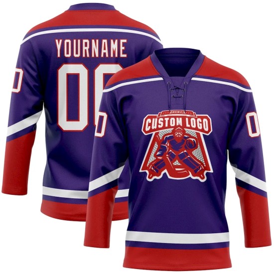 Custom Purple White-Red Hockey Lace Neck Jersey Custom Purple White-Red Hockey Lace Neck Jersey