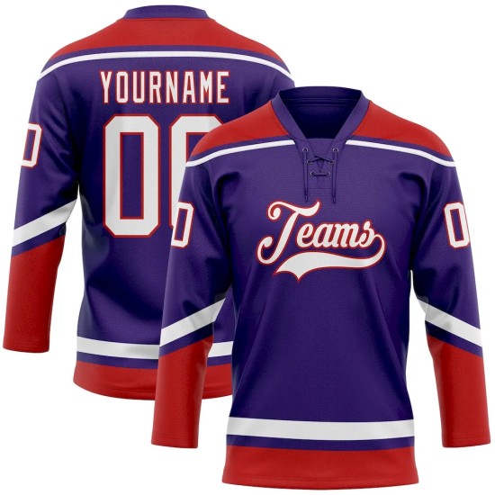 Custom Purple White-Red Hockey Lace Neck Jersey Custom Purple White-Red Hockey Lace Neck Jersey