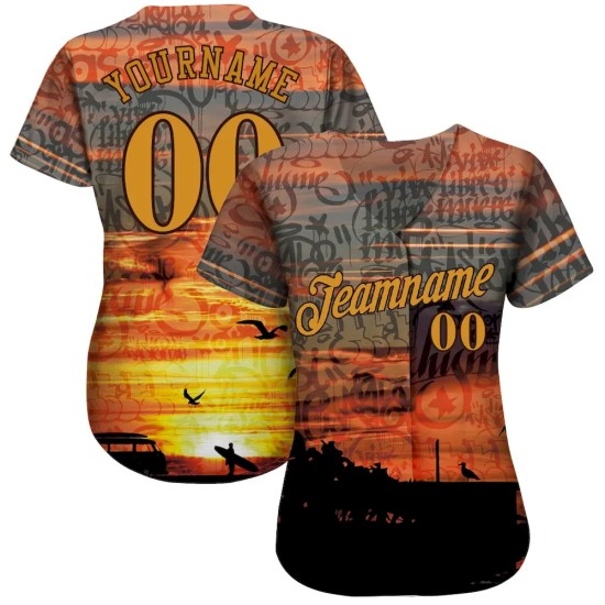Custom Graffiti Pattern Gold-Brown 3D Beach Authentic Baseball Jersey Custom Graffiti Pattern Gold-Brown 3D Beach Authentic Baseball Jersey