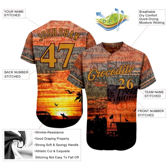 Custom Graffiti Pattern Gold-Brown 3D Beach Authentic Baseball Jersey Custom Graffiti Pattern Gold-Brown 3D Beach Authentic Baseball Jersey
