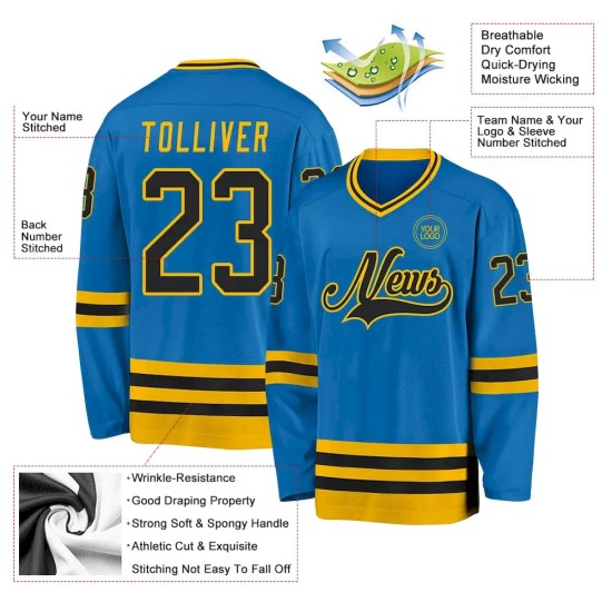 Custom Blue Black-Gold Hockey Jersey Custom Blue Black-Gold Hockey Jersey