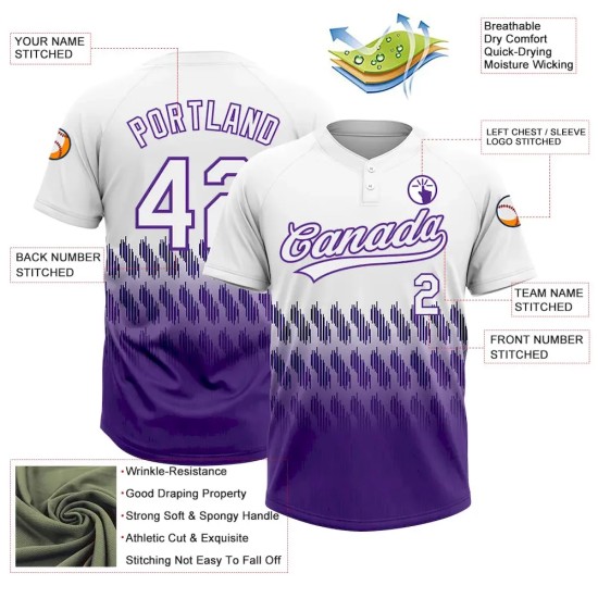 Custom White Purple 3D Pattern Lines Two-Button Unisex Softball Jersey Custom White Purple 3D Pattern Lines Two-Button Unisex Softball Jersey