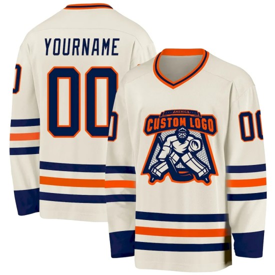 Custom Cream Navy-Orange Hockey Jersey Custom Cream Navy-Orange Hockey Jersey