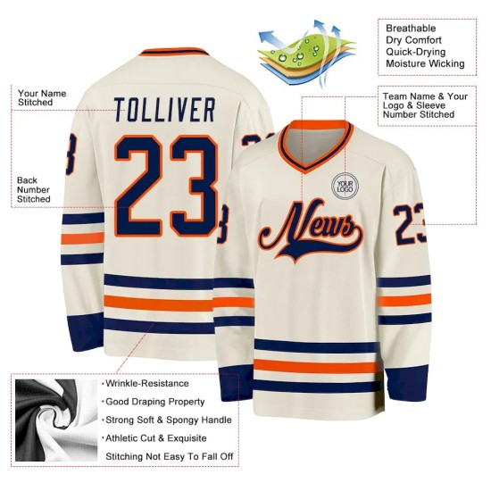Custom Cream Navy-Orange Hockey Jersey Custom Cream Navy-Orange Hockey Jersey