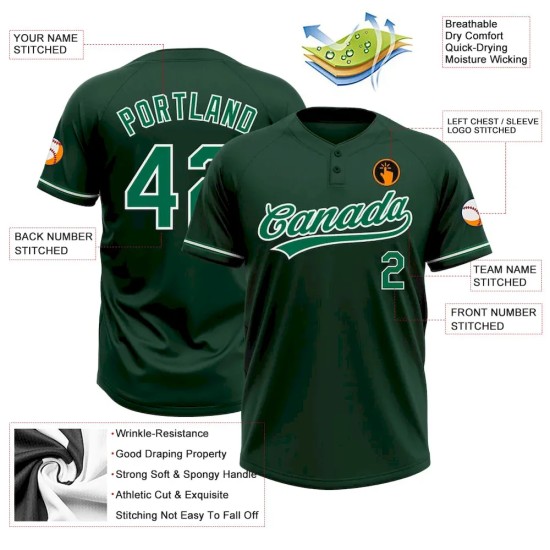 Custom Green Kelly Green-White Two-Button Unisex Softball Jersey Custom Green Kelly Green-White Two-Button Unisex Softball Jersey