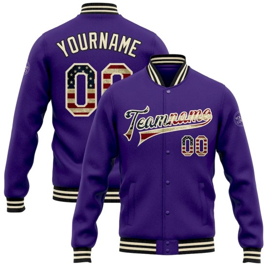 Custom Purple Vintage USA Flag Cream-Black Bomber Full-Snap Varsity Letterman Jacket Custom Purple Vintage USA Flag Cream-Black Bomber Full-Snap Varsity Letterman Jacket